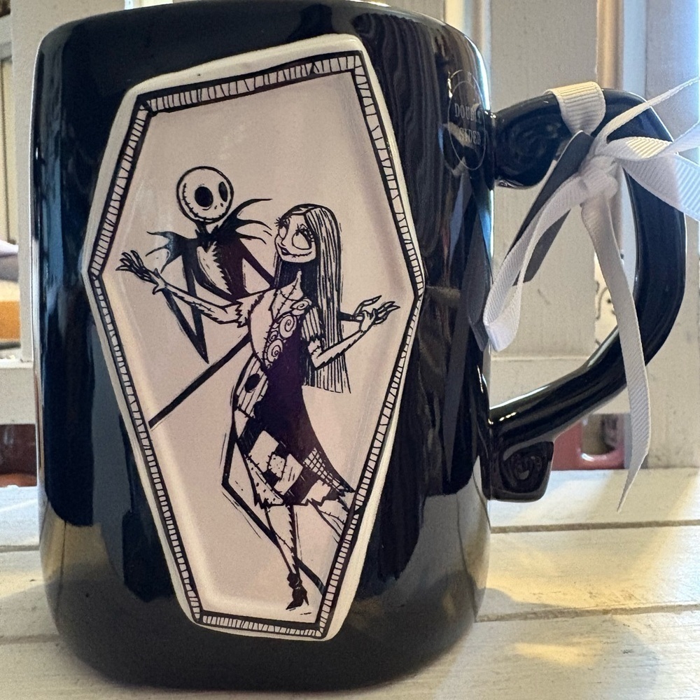 Rae Dunn Nightmare Before Christmas Black Mug with Skeleton Couple Design